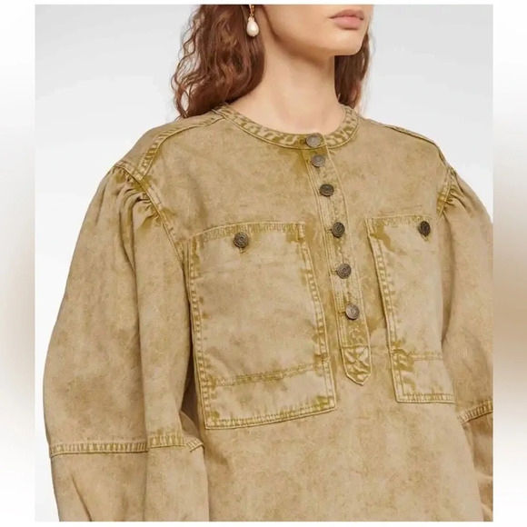 Ulla Johnson Wesley Cotton Denim Tunic Mini Dress 0 Oasis Khaki Balloon Sleeve - Picture 5 of 15